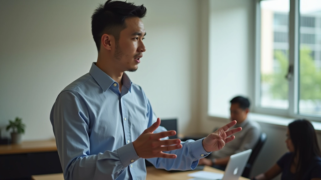Person practicing speech delivery in front of a mirror with notes on desk