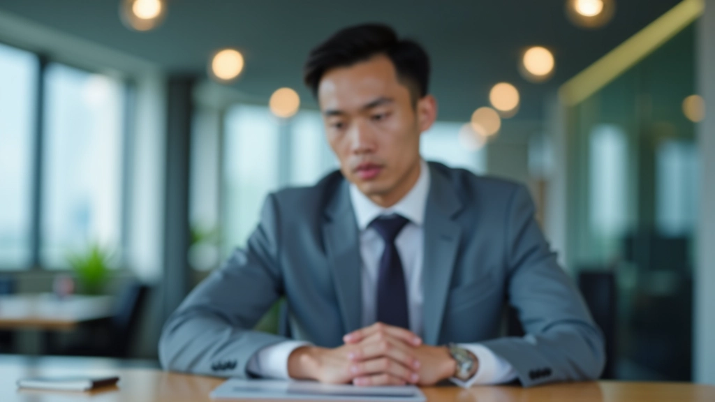 Person standing with feet grounded, hands pressed on table, focused expression, office environment
