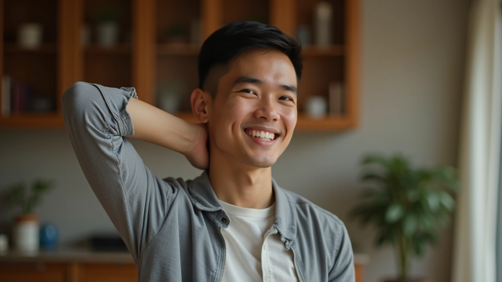 Person stretching neck and shoulders, relaxed posture, comfortable setting, warm lighting