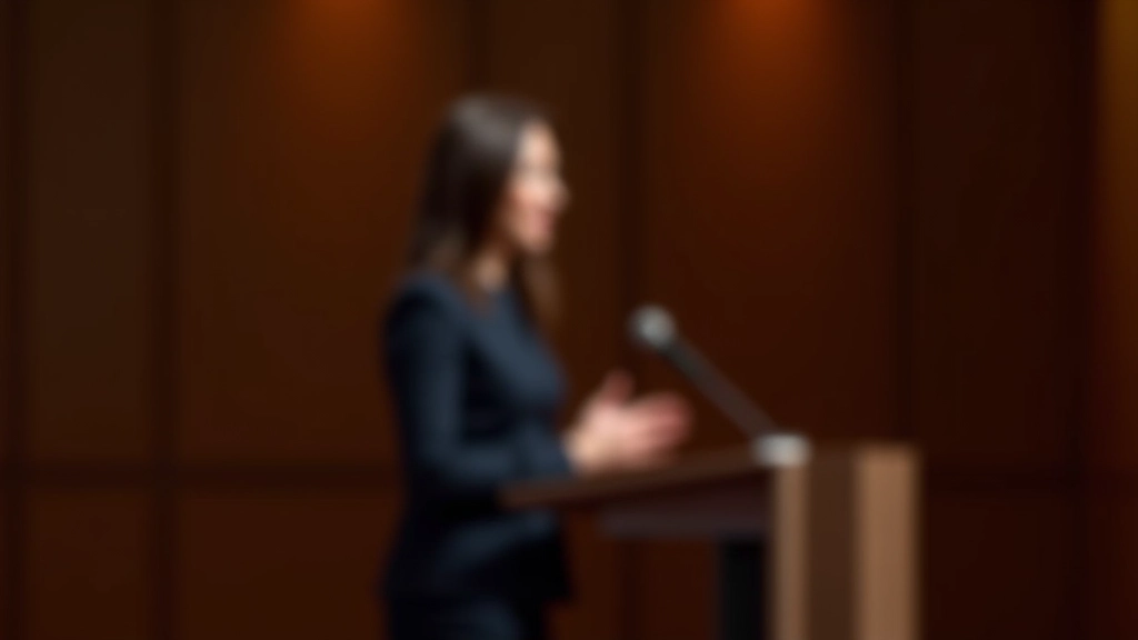 Woman standing confidently at a podium with hands gesturing during presentation