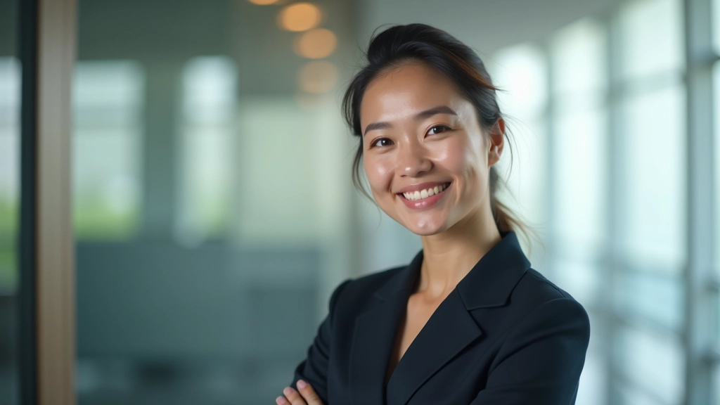 Woman with warm smile, professional attire, portrait from chest up, bright office setting, confident expression, sharp focus