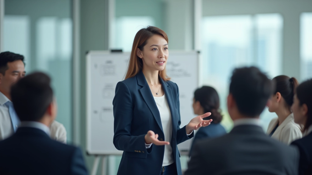Person presenting to small group in conference room with whiteboard showing three-part diagram structure